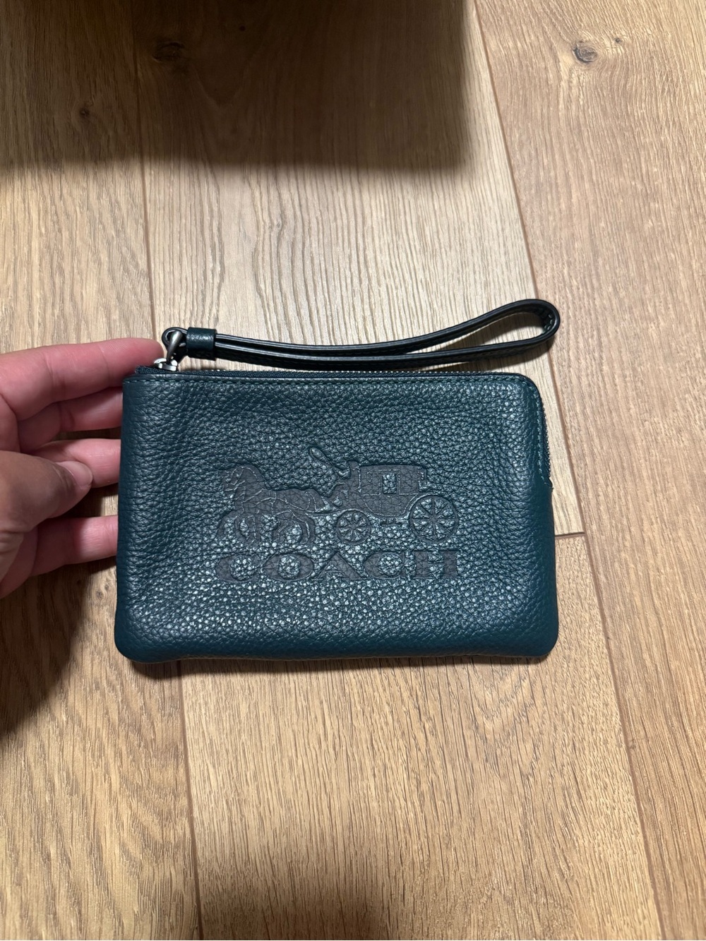 Coach Teal Pebbled Leather Wristlet with Embossed Coach Logo